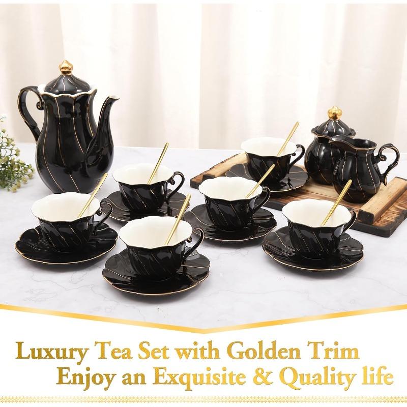 22 Pcs Porcelain Tea Set for 6, Luxury British Style Tea/Coffee Cup Set with Golden Trim, Beautiful Tea Set for Women, Tea Party