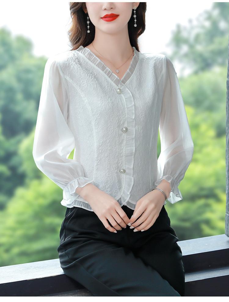 Elegant Ladies Shirts Chiffon Shirt Female Short Small Shirt Spring, Summer and Fall Chic Beautiful Belly-shading Long-sleeved T-shirt Tops
