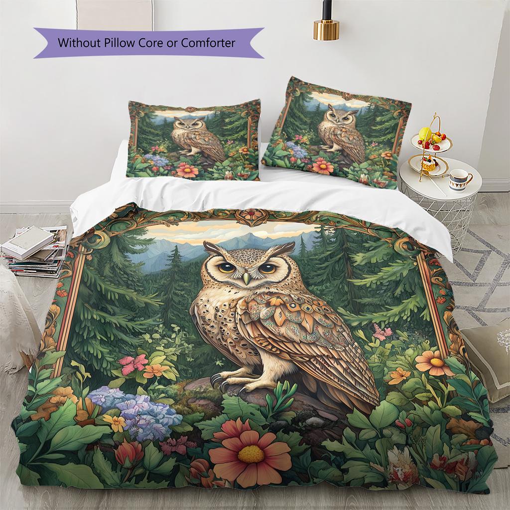 Eule auf Ast Muster Bettwäsche Quilt Set Heimdekoration Geschenk (1 Bettbezug + 2 Kissenbezüge, ohne Füllung)