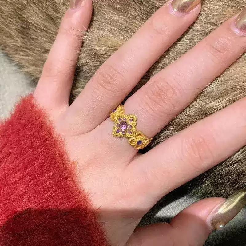 24k Oil Drop Flower Opening Ring Women's Niche Design, Fashionable Light Luxury Ring Versatile Jewelry Women