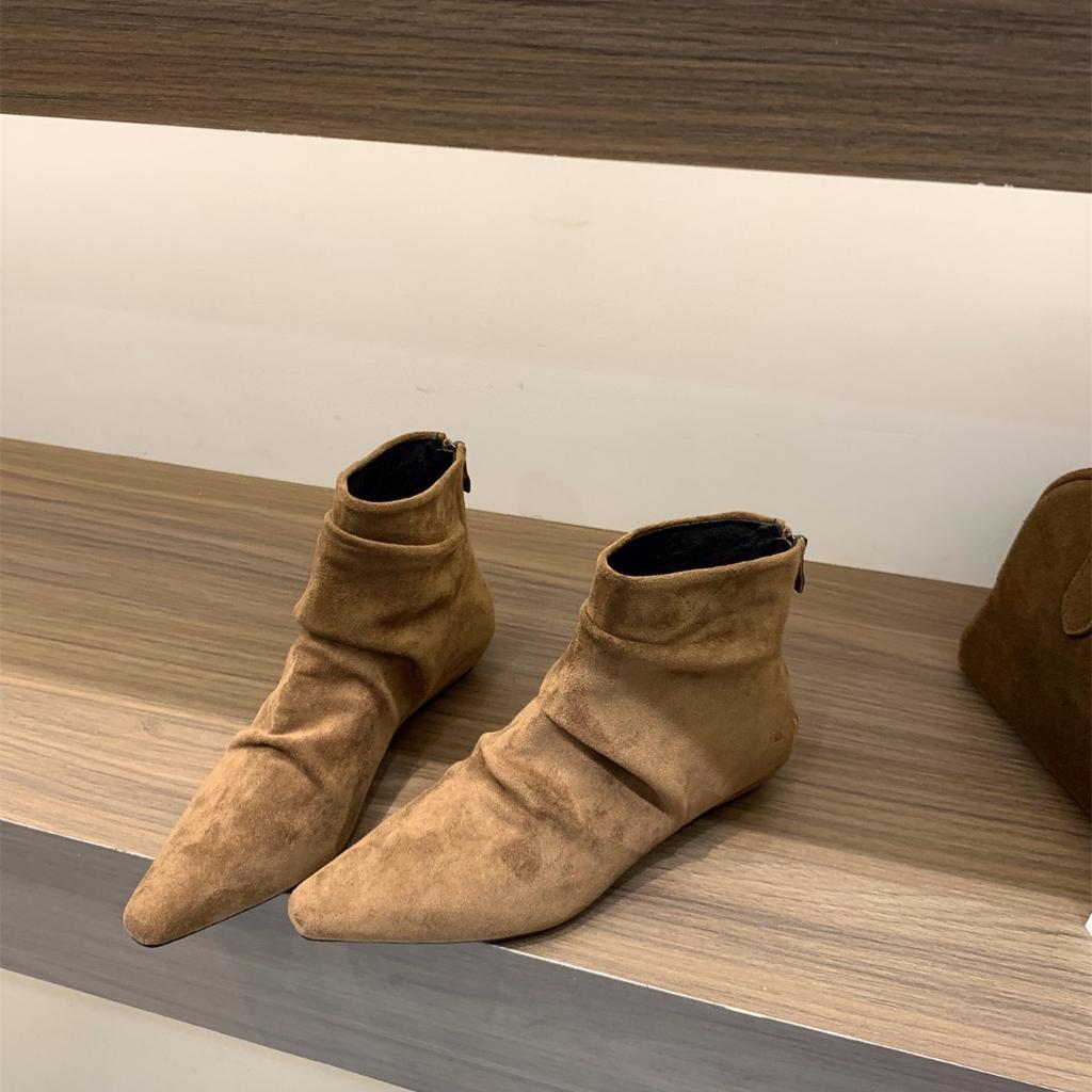 Thick Heel Square Head Suede Pile Boots Short Boots Women's Boots 2025 Spring and Autumn French Small Naked Boots Khaki Martin Boots