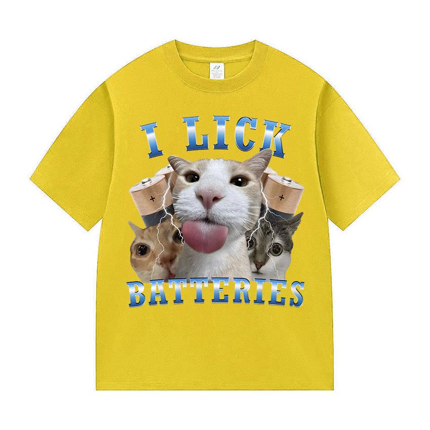 I Lick Batteries Funny Cat Meme Tshirt Men's Women Kawaii Cat Lover Gifts T-shirt Summer O-Neck High Quality 100% Cotton T-shirt
