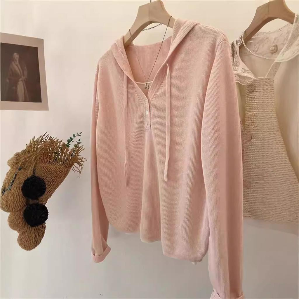 Classic group! Trendy fake two-piece half-open button hooded Tencel hemp knitted sweater hoodie women's short top tide