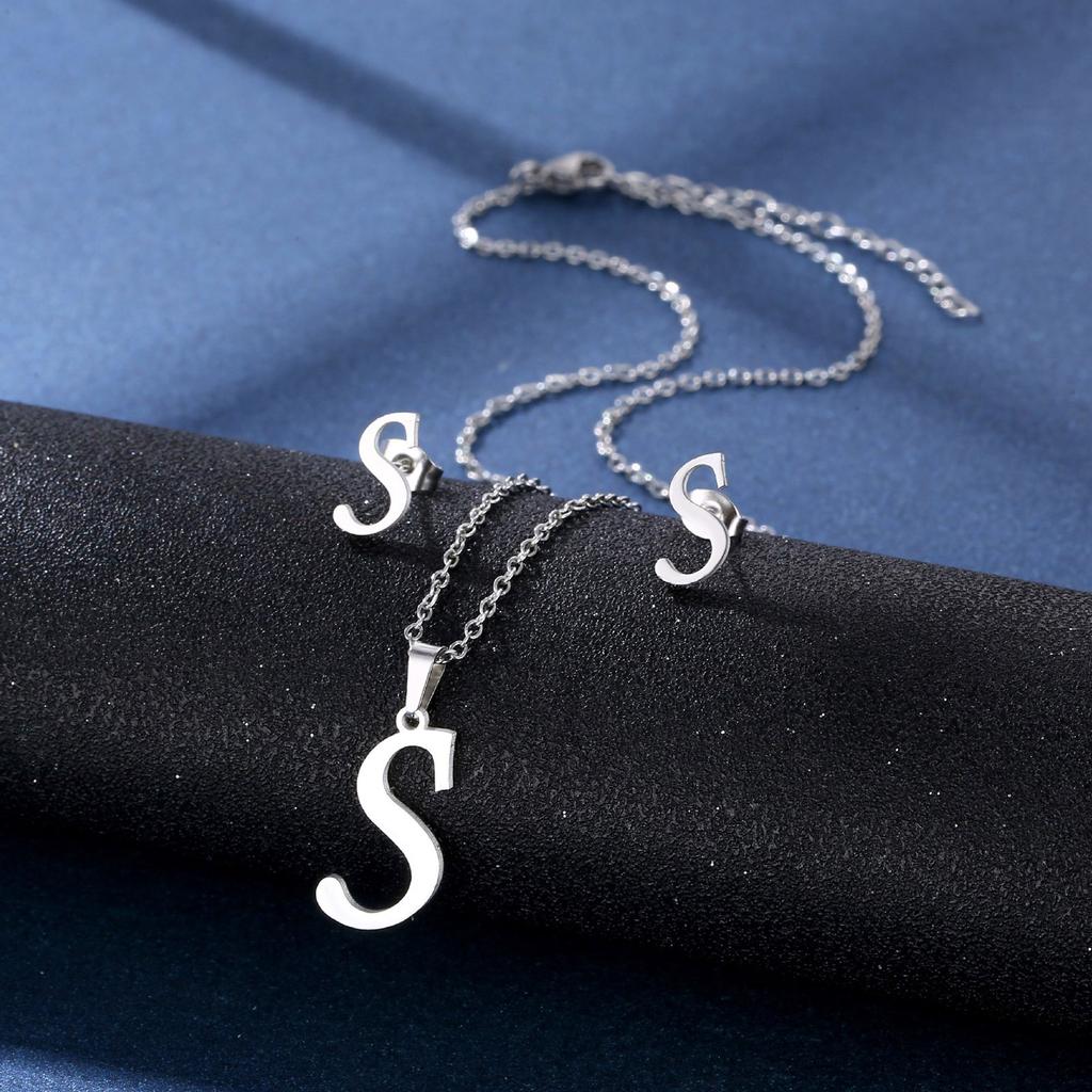 Stainless Steel Letter Pendant Necklace Unisex Jewelry Set Letter Earrings Party Accessory Present for Fashion Lover