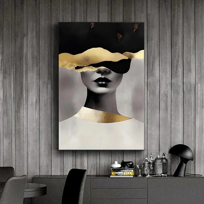 Modern Canvas Print Art Gold Black Woman Portrait Art Canvas Painting Abstract Woman Face Poster Wall Art Picture for Home Decor