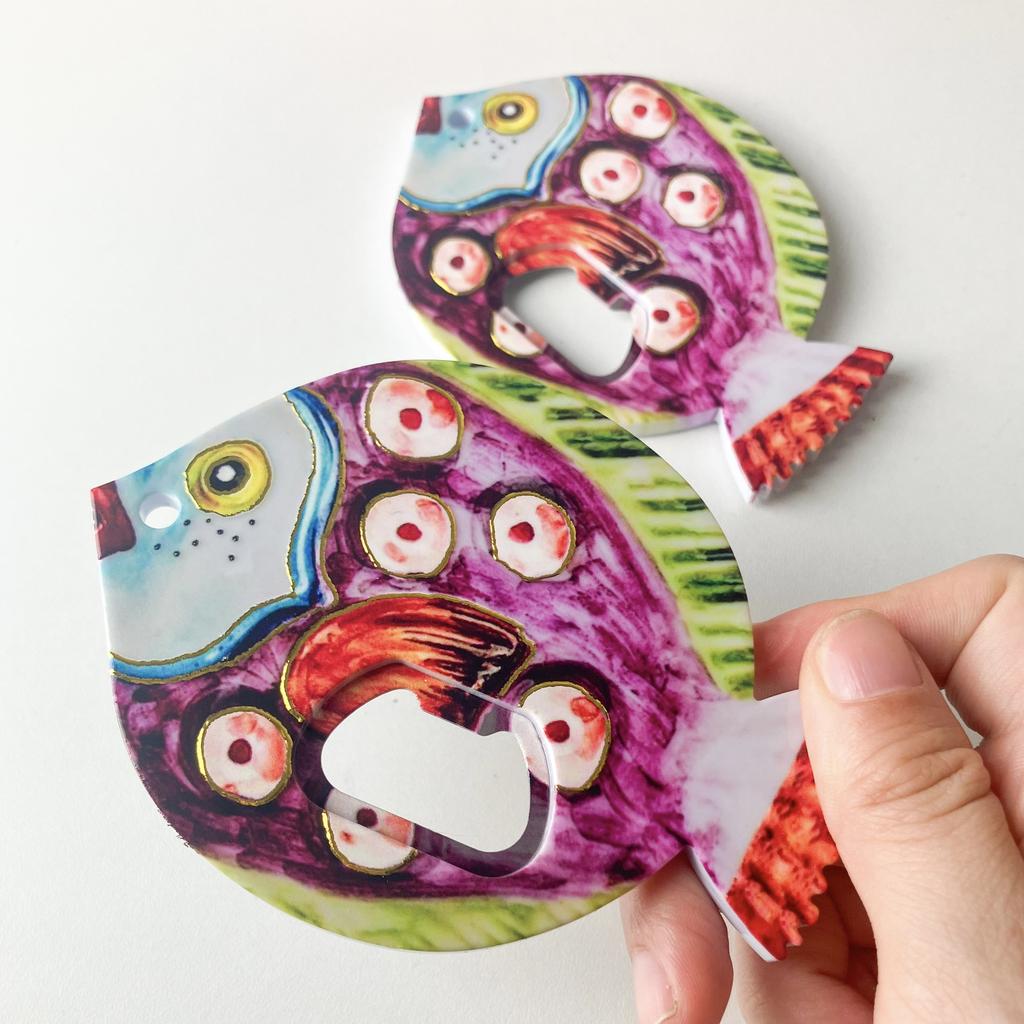 Neuer Dickkopf Fisch Flaschenöffner Kühlschrank mit Melaminmaterial Geprägte Textur Heißprägetechnik