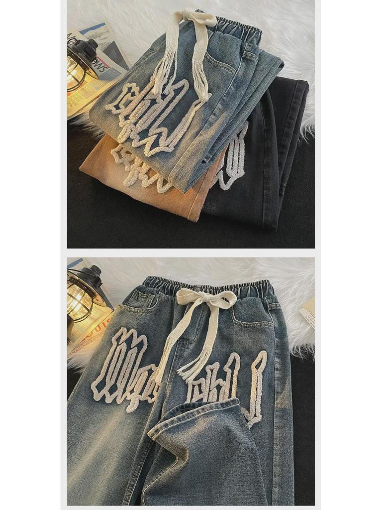 Męskie modne dżinsy proste na każdą porę roku z haftem