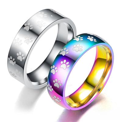 Colorful Rainbow Silver Couple Ring with Bear Footprint and Four Claw Design
