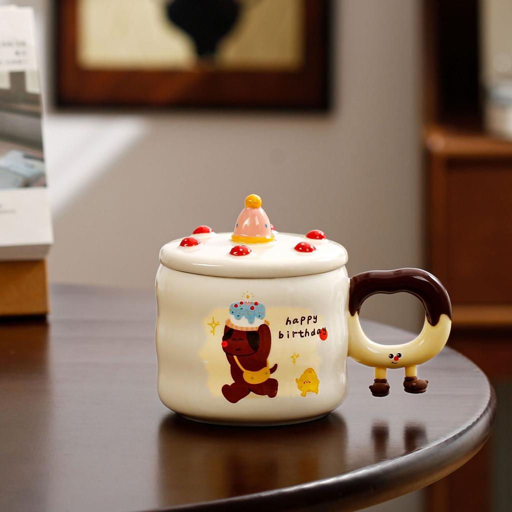Birthday Gift Cartoon Home Girl Cute High-looking Ceramic Mug with Lid Water Cup Cat Puppy Water Cup