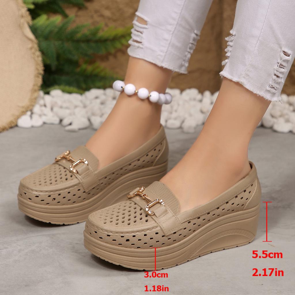 New leather hollow platform muffin shoes slope heel rocking shoes large size women's shoes casual