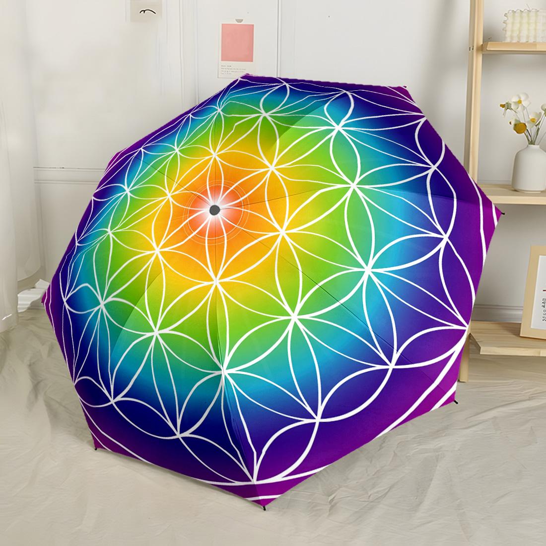 

Flower of Life Rainbow Pattern Automatic Umbrella Retractable Design with 8 Rib Durability Durable Plastic Iron Travel Essential