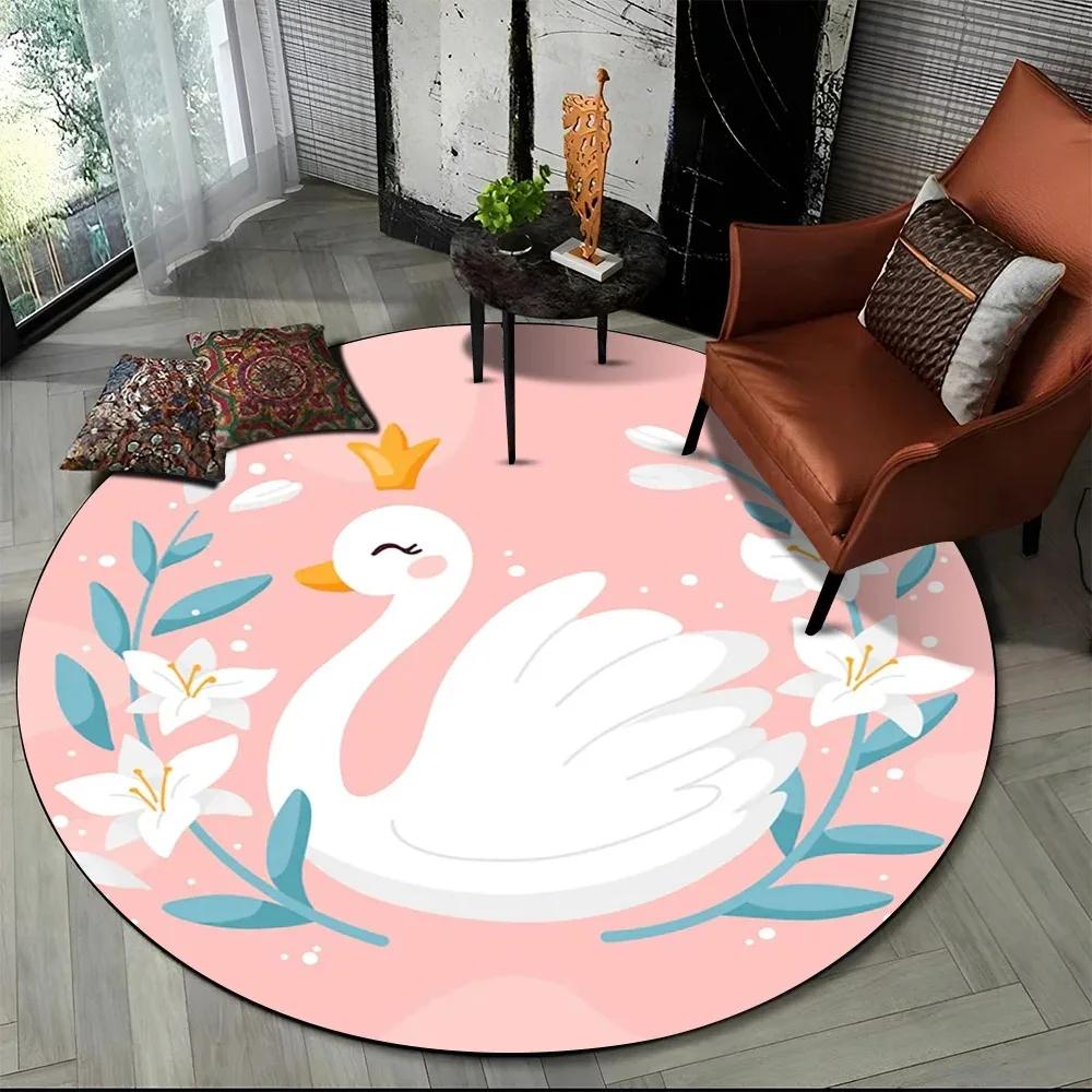 Cartoon Swan Flowers Round Carpet Watercolor Style Animal Floor Mat Circle Rug Kids Girls Bedroom Living Room Yoga Mat Anti-Slip