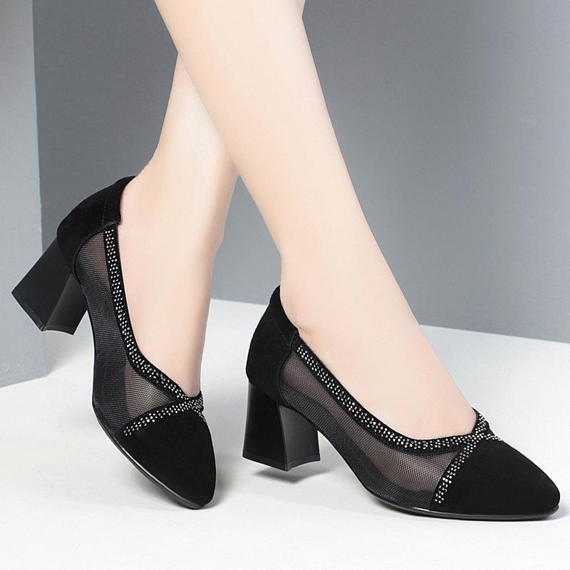 Rhinestone Mesh Women Shoes Classic 3.5/5.5cm High Quality Hollow Out Comfort Slip On Square Heel Shoes Lady Fashion Party Shoe