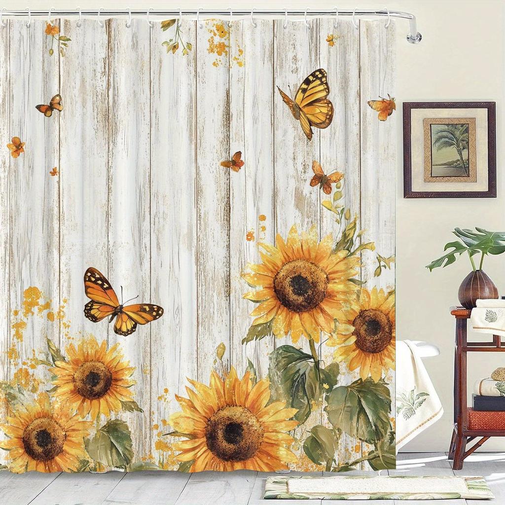 Sunflower and butterfly pattern, artistic graphic print, machine washable bathroom curtain - animal themed decorative accessory