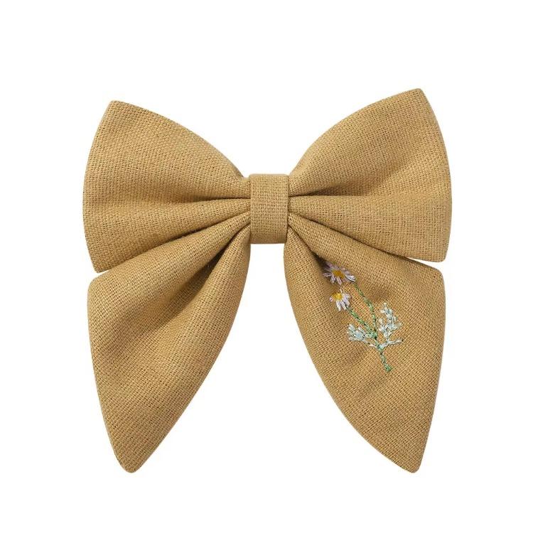 Flower Embroidery Bow Hair Clip Sweet Princess Girls Hair Clips Handmade Ribbon Bangs Hairpin Cute Bowknot Barrettes Headwear