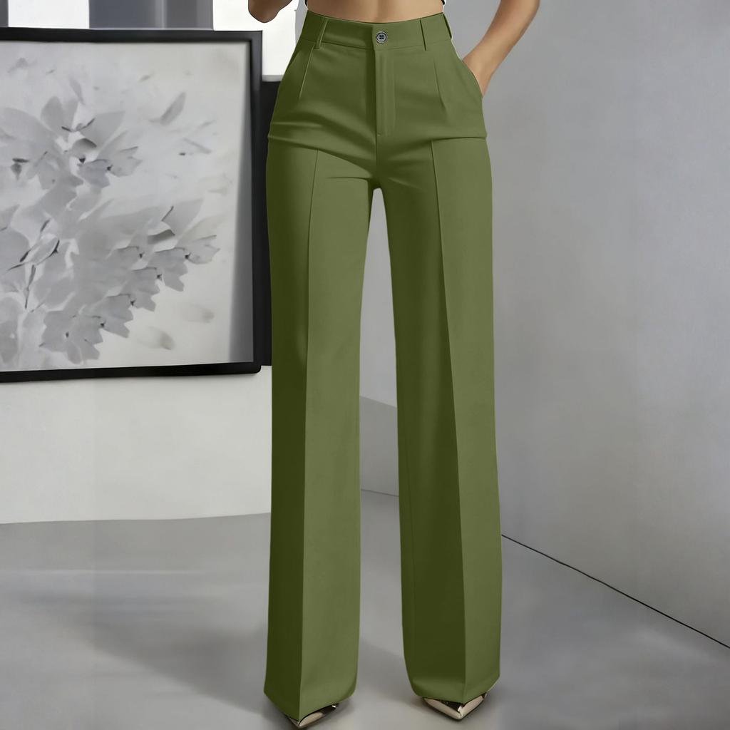 High Waist Wide Leg Hose für Damen Klassische Gerade geschnittene Business Casual Hose mit Taschen und Knopfleiste