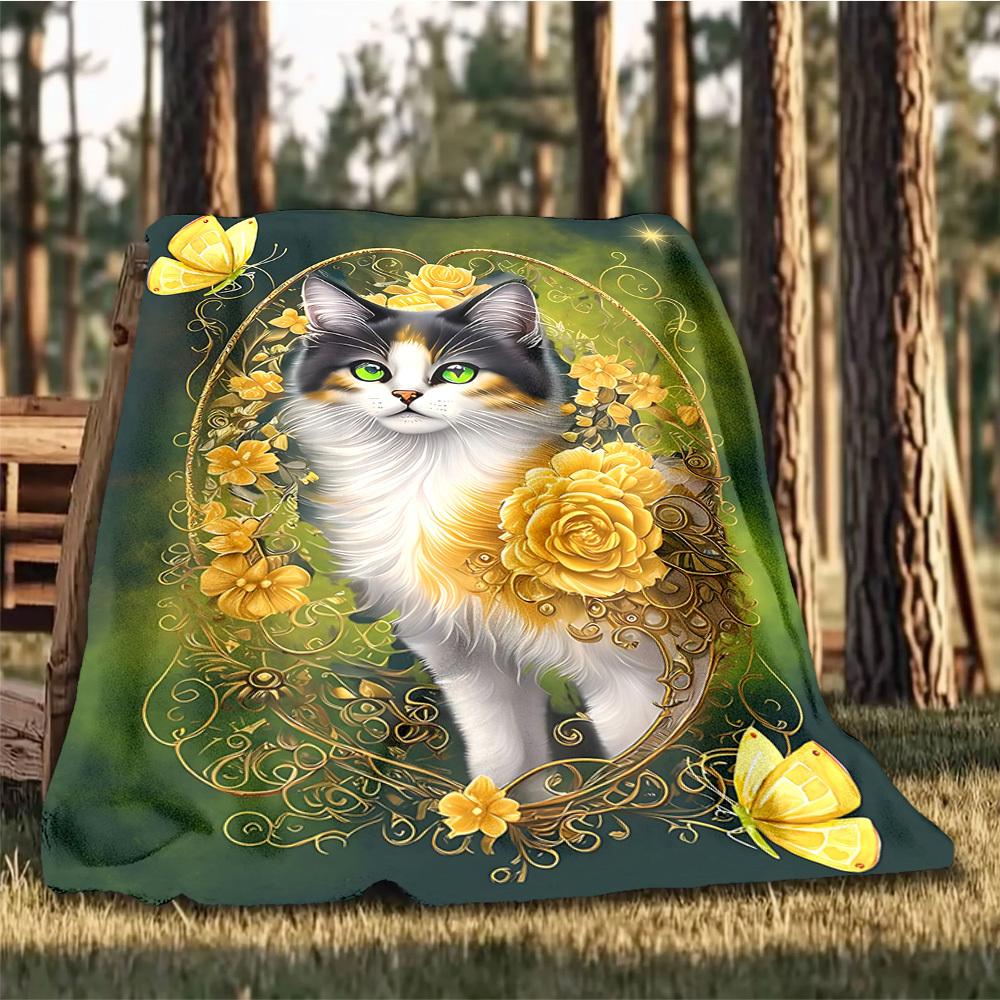 1pc Cat, Flowers Outdoor Personalized Flannel Blanket, Soft, Lightweight Personalized Flannel Blanket, Digital Printing,