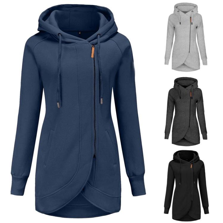 Women Winter Jacket Warm Plush Lined Hooded Coat with Drawstring and Irregular Zipper Design