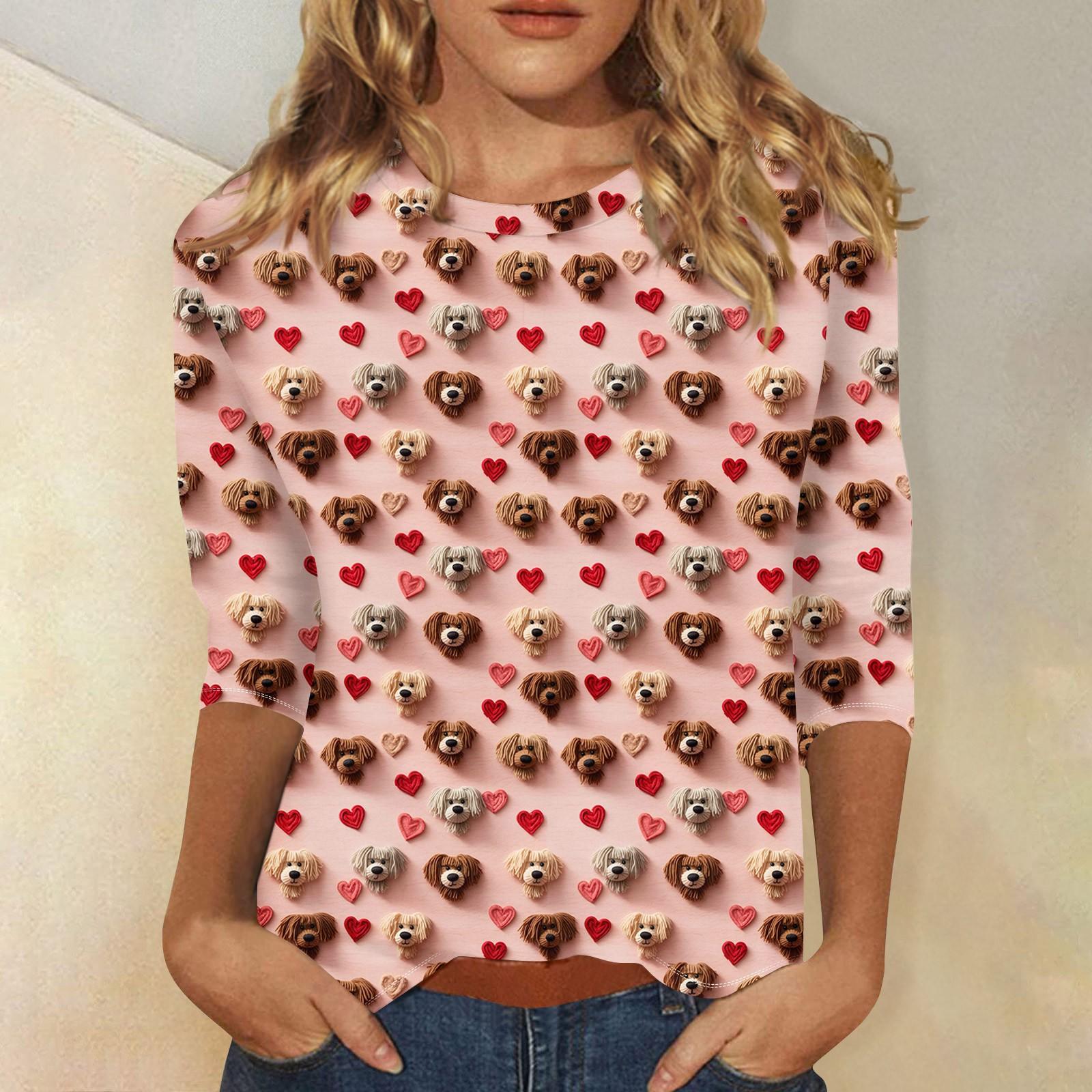 

Женская повседневная свободная футболка с круглым вырезом и принтом ко Дню святого Валентина с рукавами три четверти L бежевый