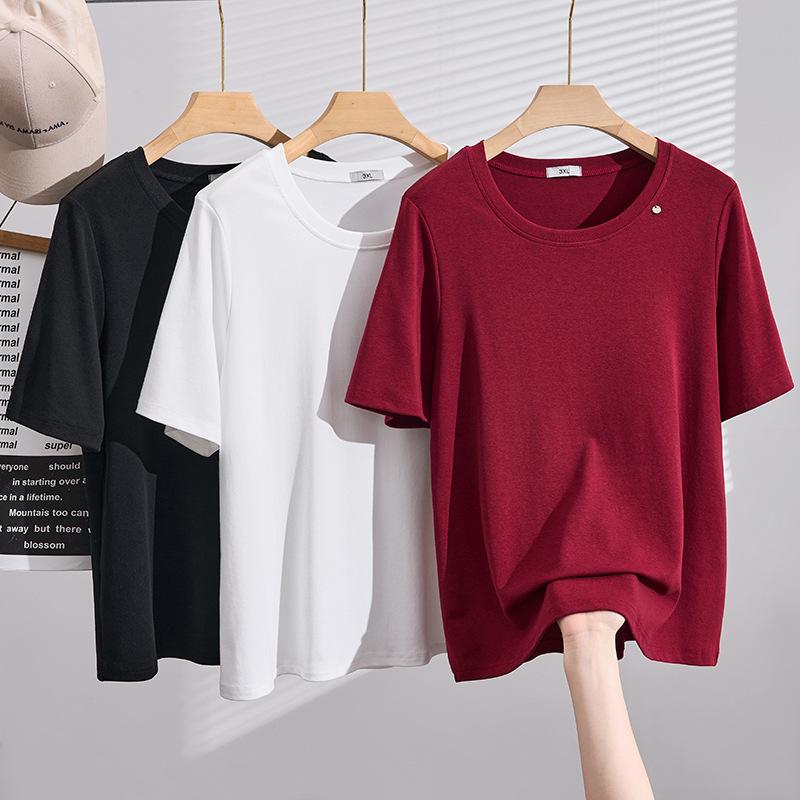 Women Plus Size Short-Sleeve T-Shirt Korean Style Round Neck Straight-Shoulder Casual Slim Summer Tee Top for Ladies 3XL-8XL
