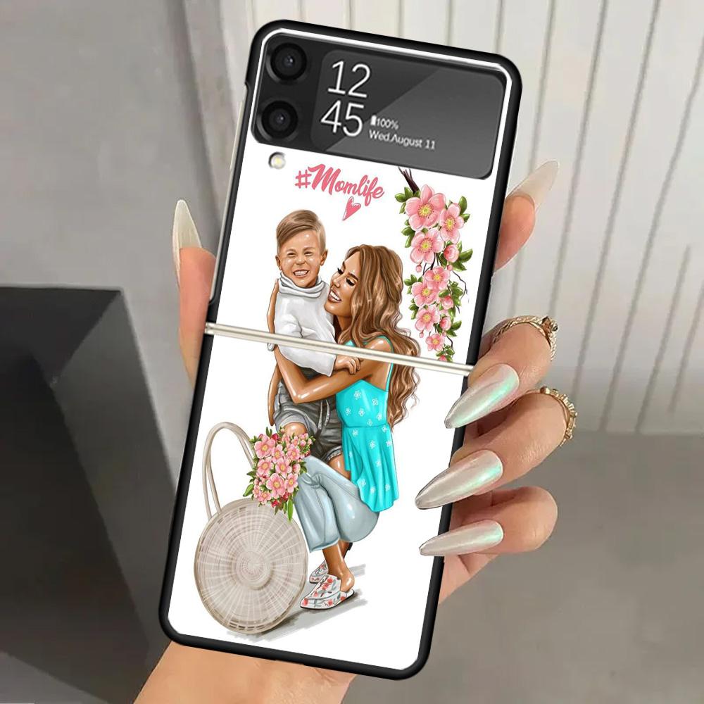 Mom Baby Girls Hard PC Phone Case For Samsung Galaxy Z Flip 6 5 4 3 Black Cover ZFlip6 Flip5 Flip4 5G Foldable Print Cases