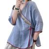 2023 Ethnic Retro Chinese Embroidered Ramie Shirt—Women's Loose Oblique Collar Top for Tea Ceremony