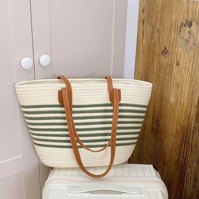 Stylish Large Capacity Striped Woven Beach Tote with Custom Logo
