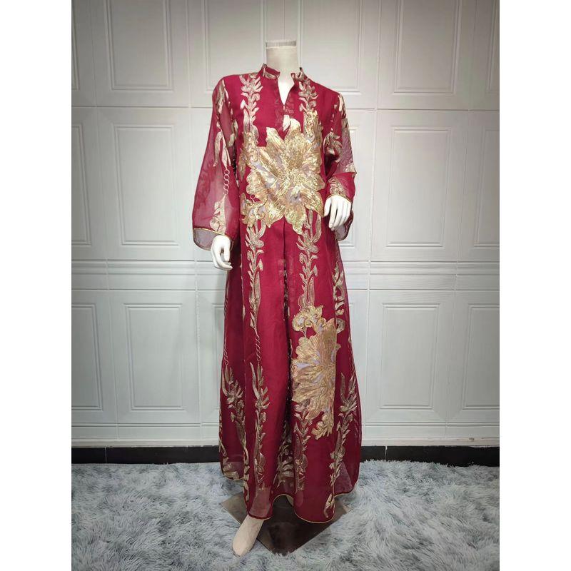 

New Ethnic Style Golden Sequin Embroidered Yarn Dress Jujube Red M