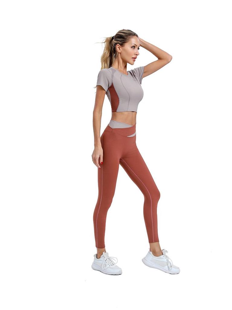 Women's Color Block High-Waist Sports Leggings & Shockproof Bra Fitness Set