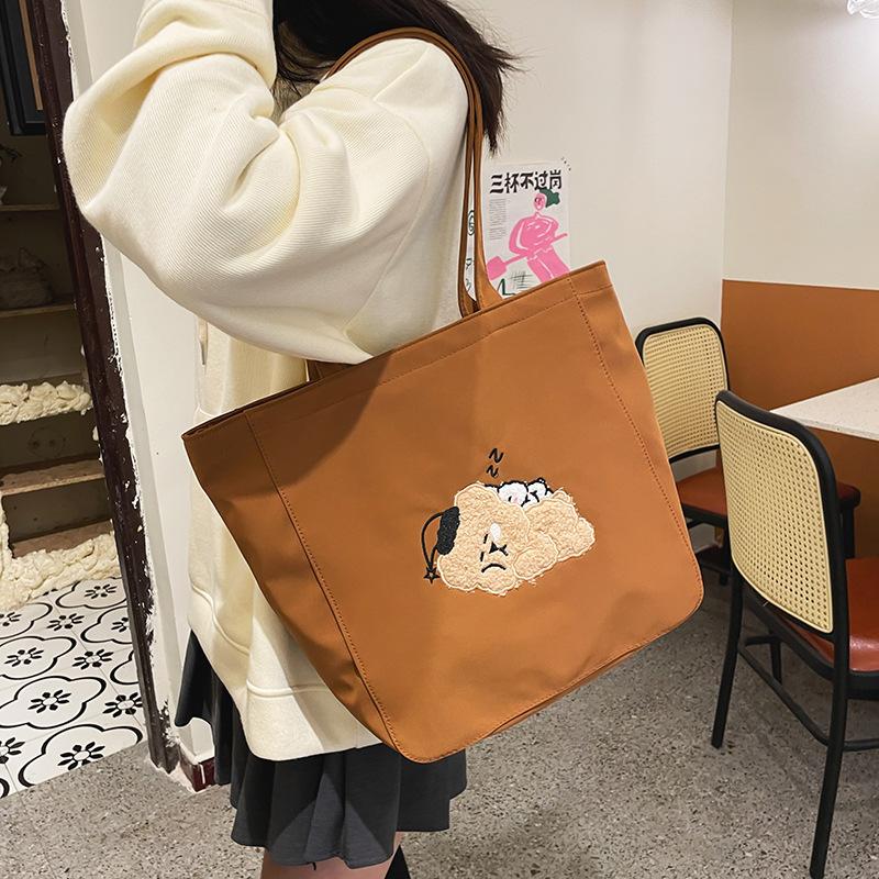 Women Canvas Tote Purse Lamb Like Fabric Shoulder Bag Bear Embroider Crossbody Handbag Casual Shopper Bag Cute For Girl