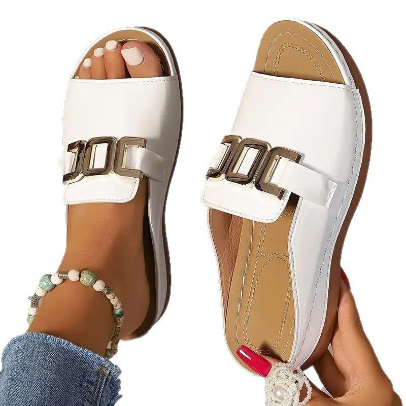 Foreign Trade Slope Heel Platform Slippers Women's 2025 New Large Size Casual Fashion Simple Metal Buckle Fish Mouth Sandals