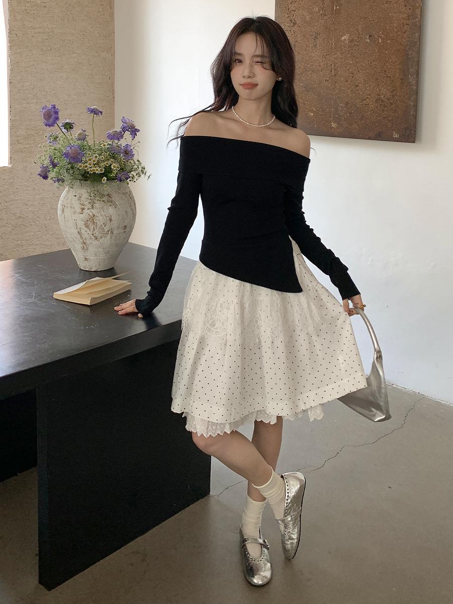 Yi Er Shan Women s Polka Dot Lace Trim High Waist A-line Midi Skirt One Size