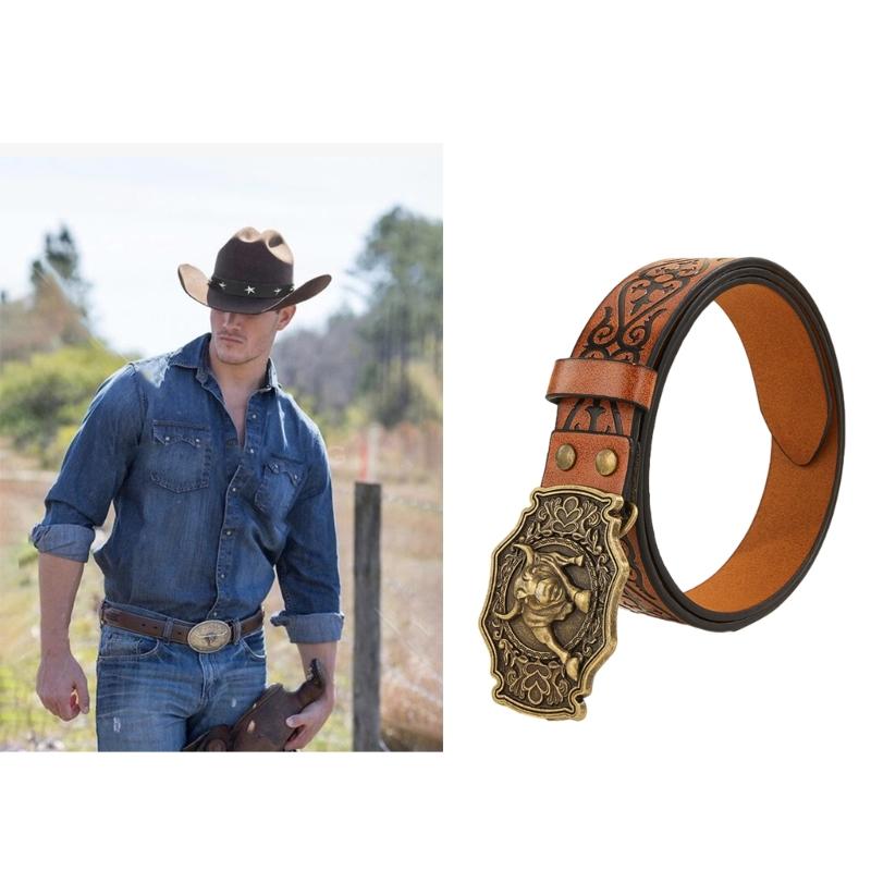 Vintage Men Teens Relief Bull Head Waist Belt PU Embossed Pattern Cowboy Belt