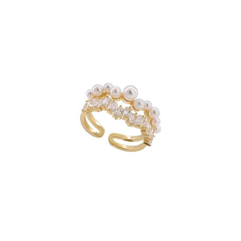 Light Luxury Retro White Zirconia Pearl Double-layered Open Ring Female Exquisite Fashion Versatile Niche Senior Sense of Finger Ring Everyday Ring