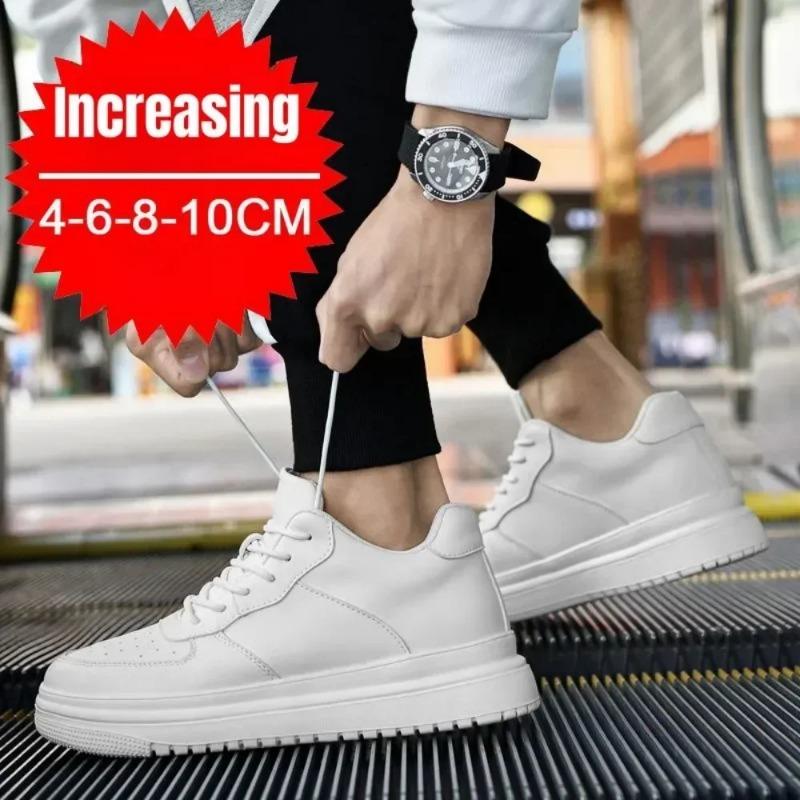 New Height Increasing Shoes for Men 10cm Invisible Elevator Sneakers White Leathe Sport