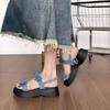 Damskor Rosett Sommar 2024 med Mellanhöga Klackar Sandaler för Kvinna Kilklack Plattform Vattentäta Skor Öppen Tå Blå Sandal Dagligen