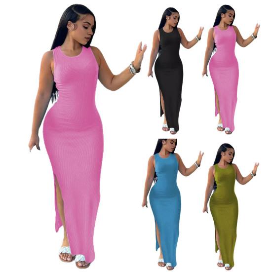 Summer Women Dress Sleeveless Split Hem Solid Color O Neck Elastic Sheath High Waist Ankle Length Skinny Solid Color Party Club Maxi Dress