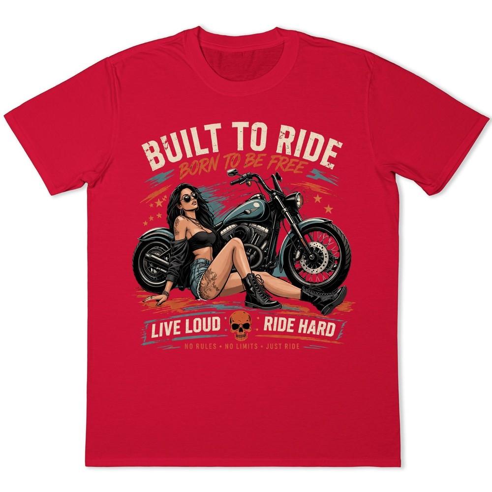 Built To Ride Born To Be Free T-Shirt Pin Up Girl Biker Motorcycle Retro Tee S