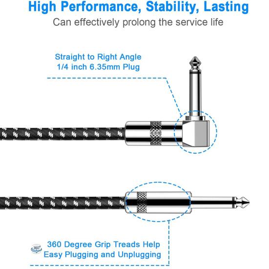 6.35 Electric Guitar Cable Straight To Right Angle Noiseless Audio Cable for Bass Guitar