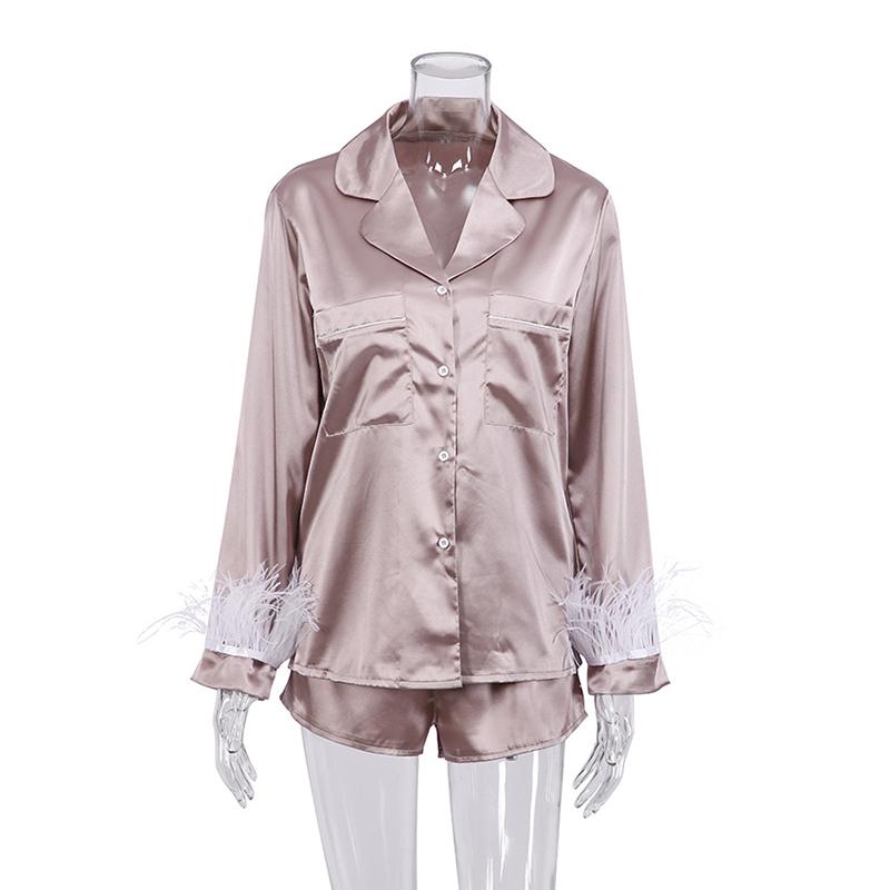 Women Satin Pajamas Set Lady Sleepwear Female Pajamas Suit Silk Nightwear Home Clothes Feather Cuff