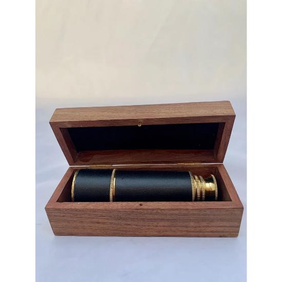 Vintage Style Telescope Leather Effect Telescope In Wooden Box and Brass Spyglass