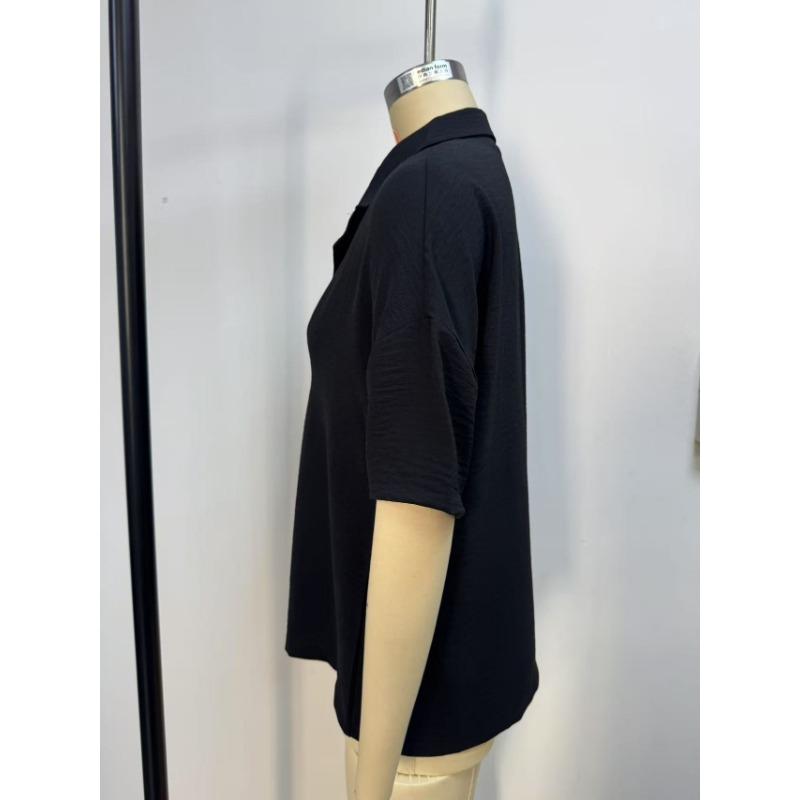 Loose Fit Short Sleeve Turn Down Collar Solid Color Casual Shirt With Pleats