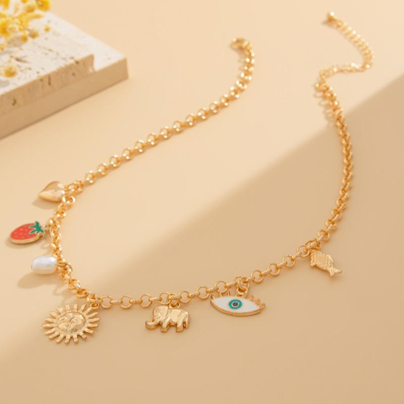 Evil Eye Charms Necklace for Women Cute Creative Heart Gold Color Boho Collars Sun Strawberry Pendant High Quality Party Jewelry