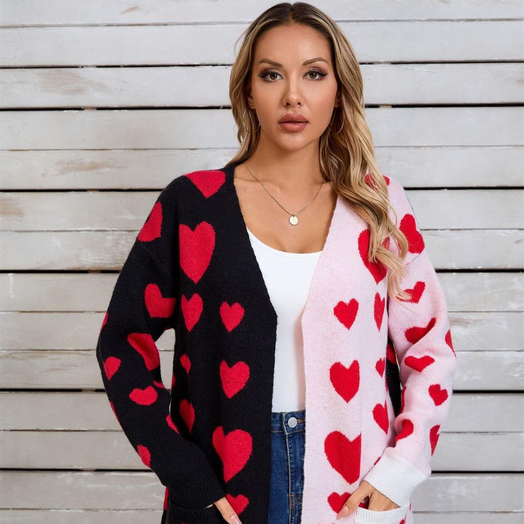 2025 Herbst Neuheit Splicing Strick Valentinstag Tasche Langer Cardigan Liebe Pullover