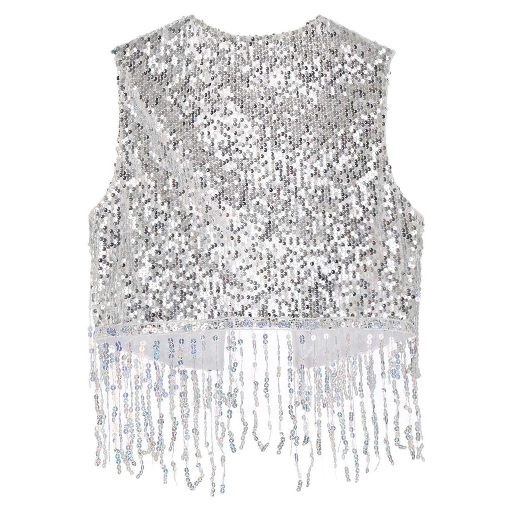 Mens Shiny Sequin Cowboy Vest Tops Open Front Sleeveless Tassels Cardigan
