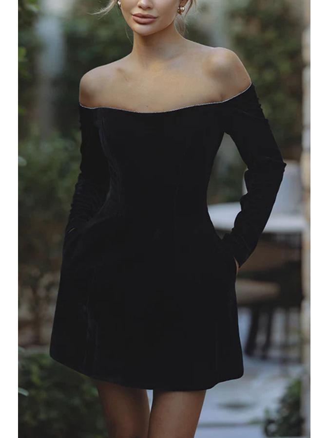 

2025 Бархатное платье со стразами с открытыми плечами для женщин - Европейский и американский стиль Medium чёрный