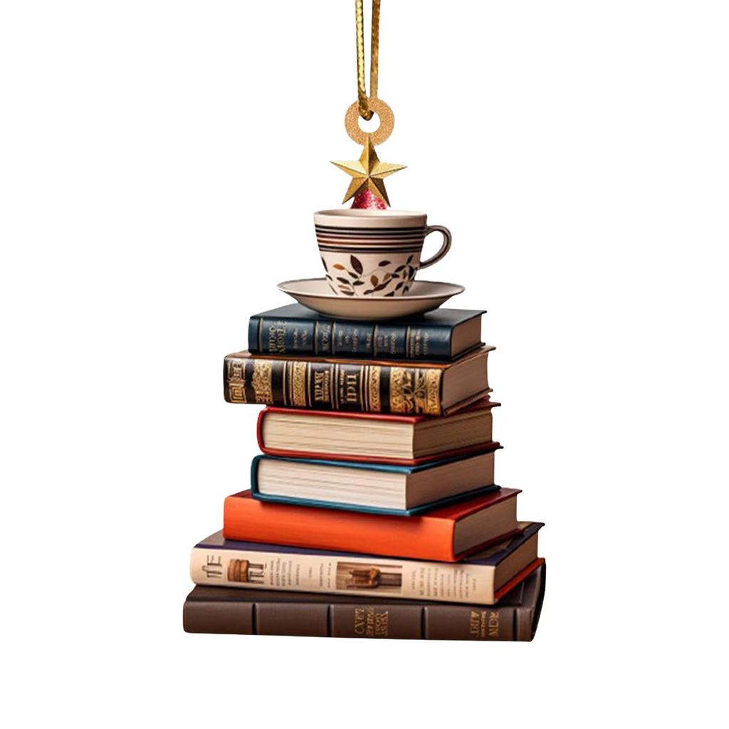 Acrylic Cartoon Book Shelf Christmas Tree Car Rearview Mirror Hangings Pendant Decorative Book Lovers Ornament