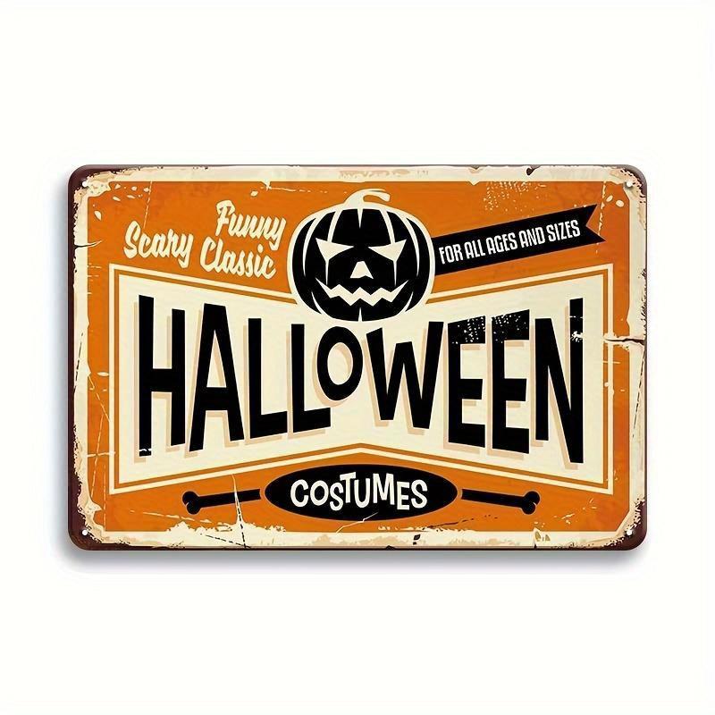 Halloween Metal Tin Sign Orange Scary Classics Design with Pumpkin Bats Durable Iron Wall Decor for Home Garden and P