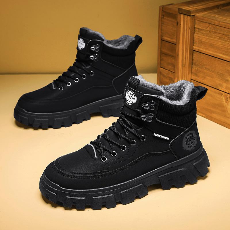 Boots for Men Versatile Winter High Top High-quality British Brand Short Boots with Anti Slip Thick Sole Warm Plush Cotton Shoes