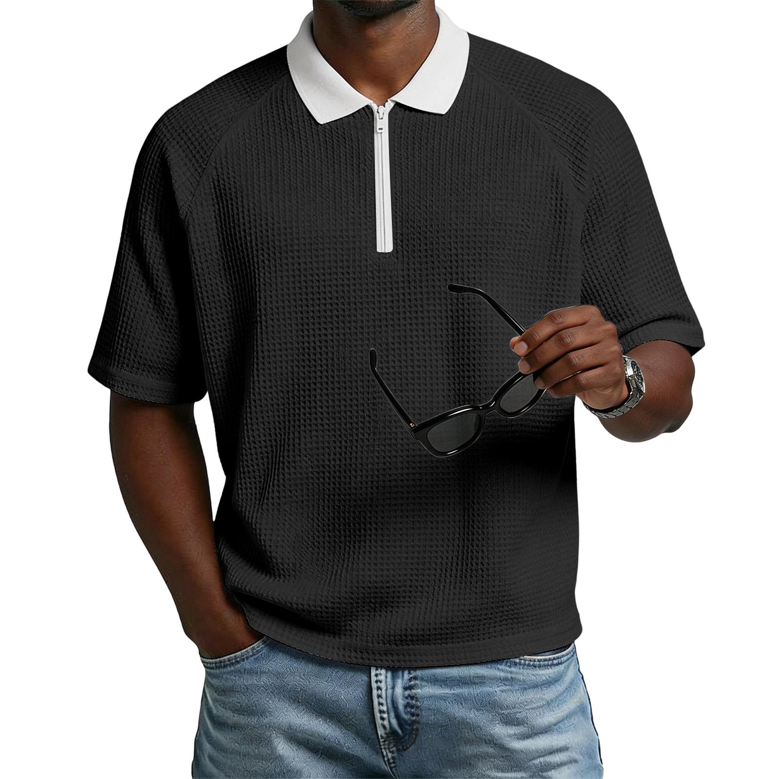 Ionia Heren Poloshirt met Korte Mouwen, Contrastkraag en Halve Rits, Casual Wafelpatroon Top M zwart